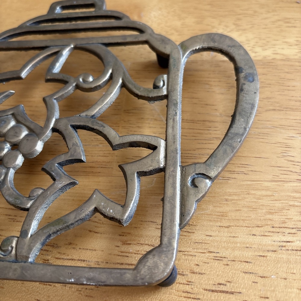 Vintage Brass Open Work Teapot Grapes Shaped Trivet Decor MCM 7" Footed Kitschy